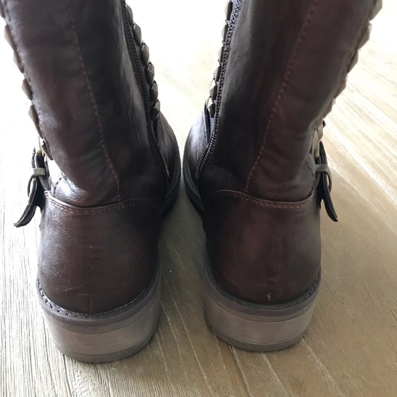 Studded Brown Moto Boot With Gold Buckles - Picture 5 of 7